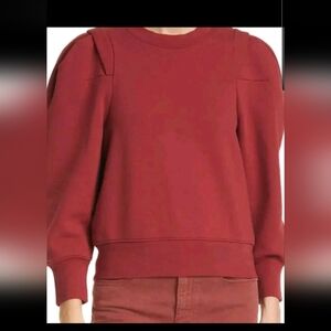 FRAME Ribbed Shirred Puff Sleeve Pullover Sweatshirt Red Women's S